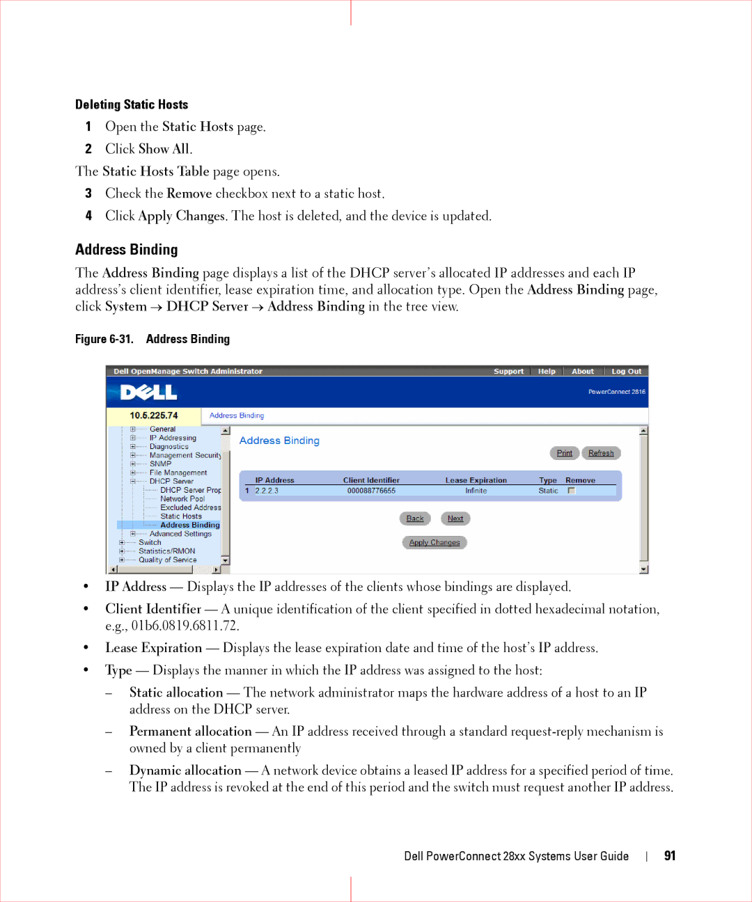 Dell 28XX manual Address Binding, Deleting Static Hosts 