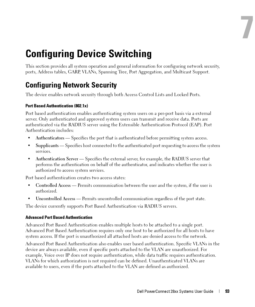 Dell 28XX manual Configuring Network Security, Advanced Port Based Authentication 