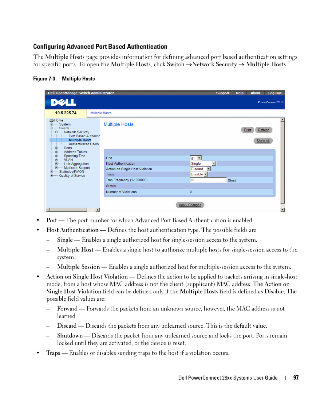 Dell 28XX manual Configuring Advanced Port Based Authentication, Multiple Hosts 