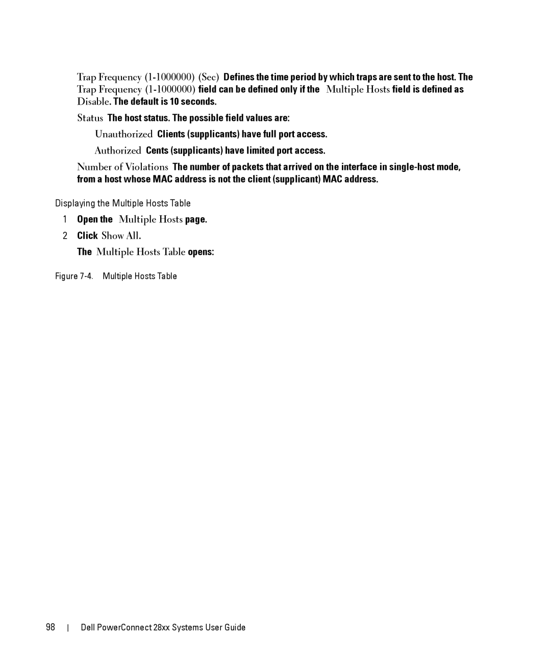 Dell 28XX manual Displaying the Multiple Hosts Table 