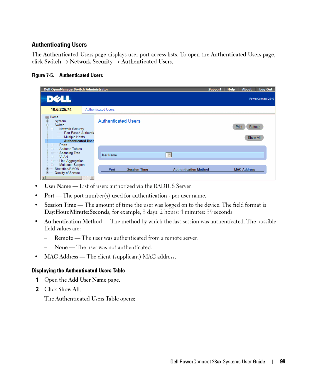 Dell 28XX Authenticating Users, Displaying the Authenticated Users Table, Click Show All Authenticated Users Table opens 