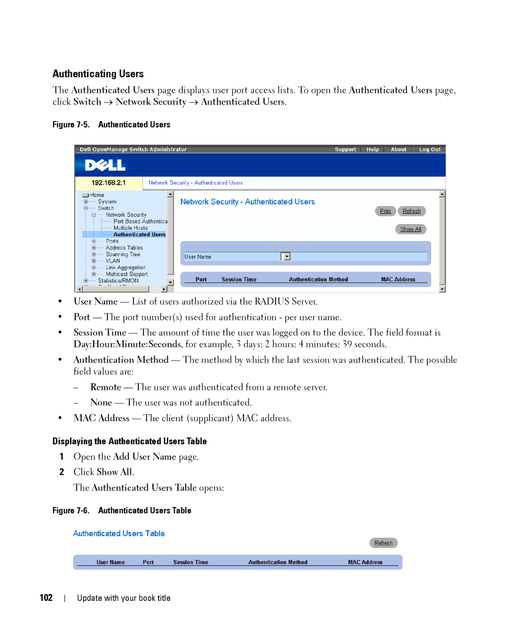 Dell 28XX Authenticating Users, Displaying the Authenticated Users Table, Click Show All Authenticated Users Table opens 