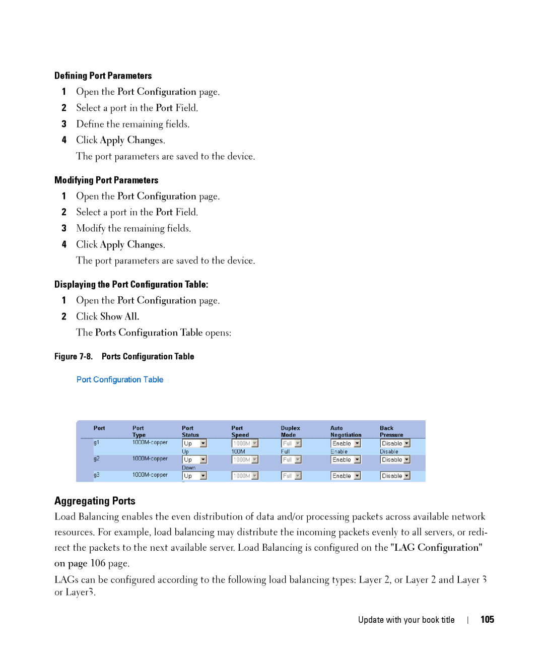 Dell 28XX Aggregating Ports, Defining Port Parameters, Modifying Port Parameters, Displaying the Port Configuration Table 