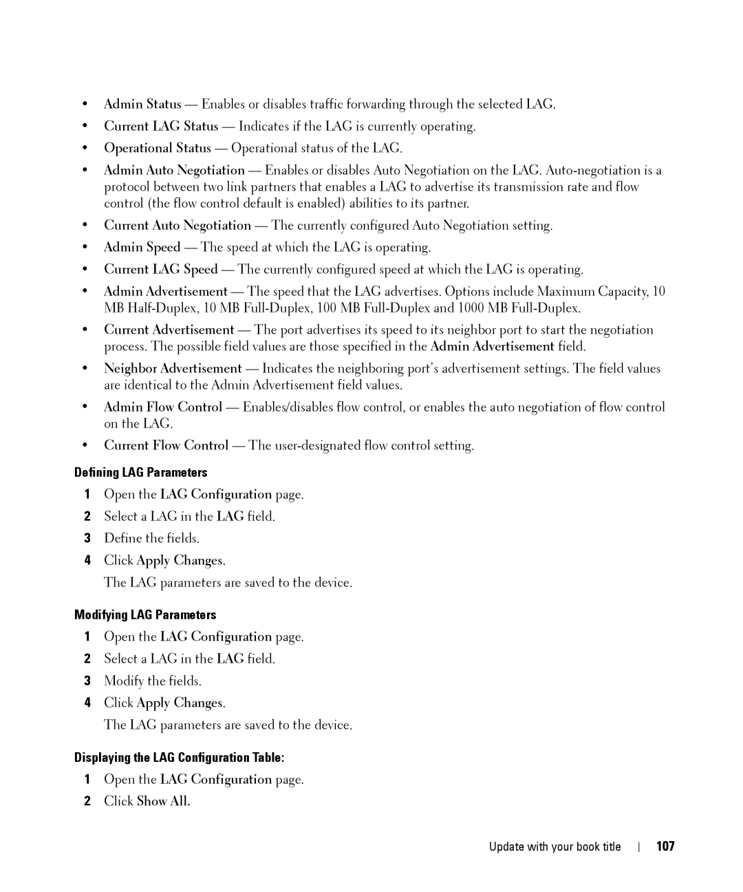 Dell 28XX manual Defining LAG Parameters, Modifying LAG Parameters, Displaying the LAG Configuration Table, 107 
