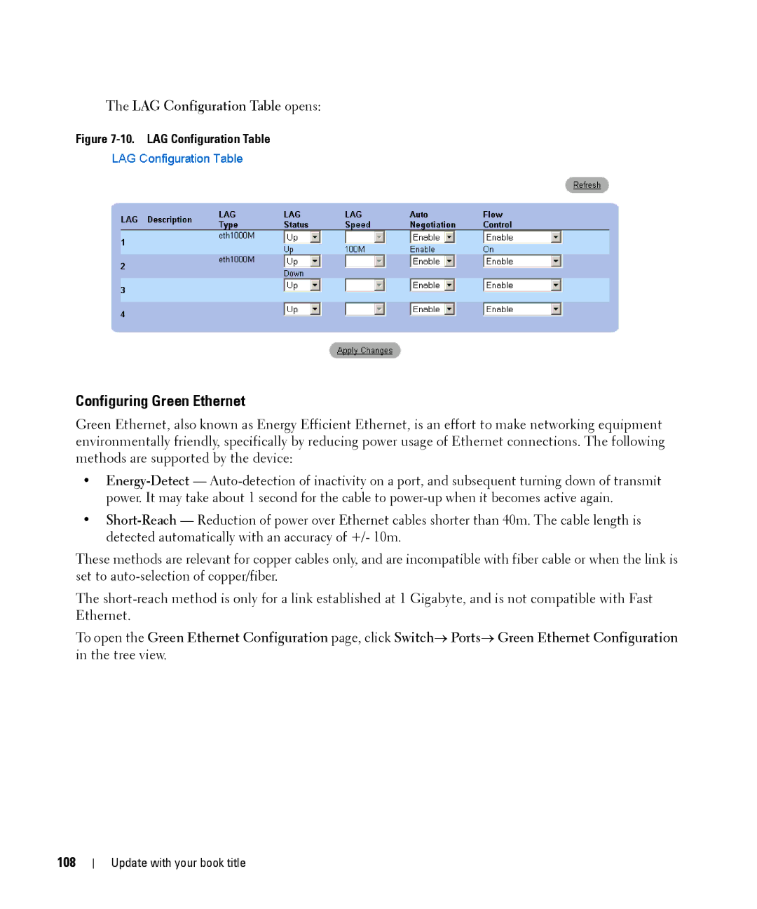 Dell 28XX manual Configuring Green Ethernet, LAG Configuration Table opens, 108 