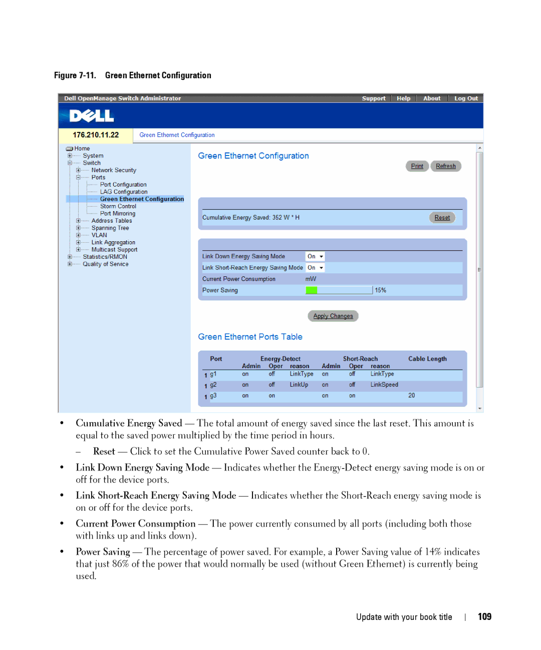 Dell 28XX manual 109, Green Ethernet Configuration 