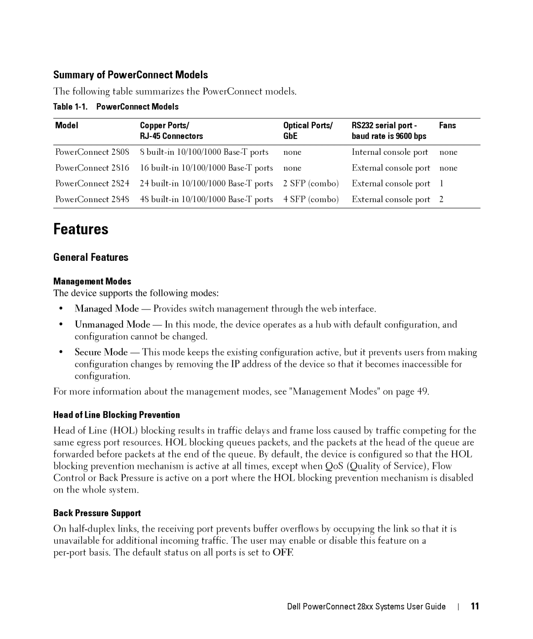 Dell 28XX manual Summary of PowerConnect Models, General Features 