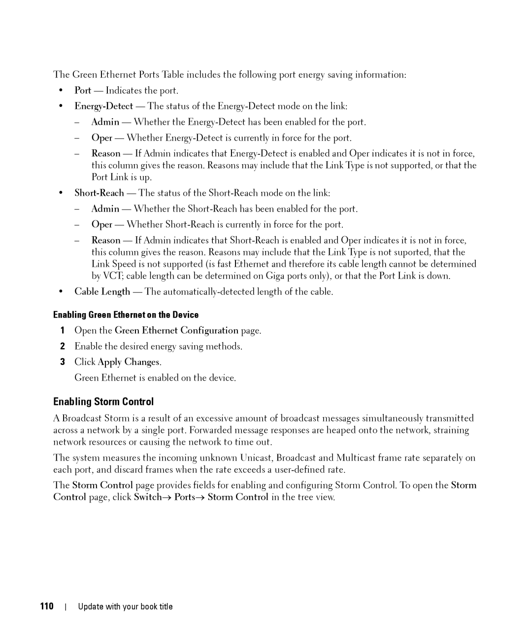 Dell 28XX manual Enabling Storm Control, Enabling Green Ethernet on the Device, Open the Green Ethernet Configuration, 110 