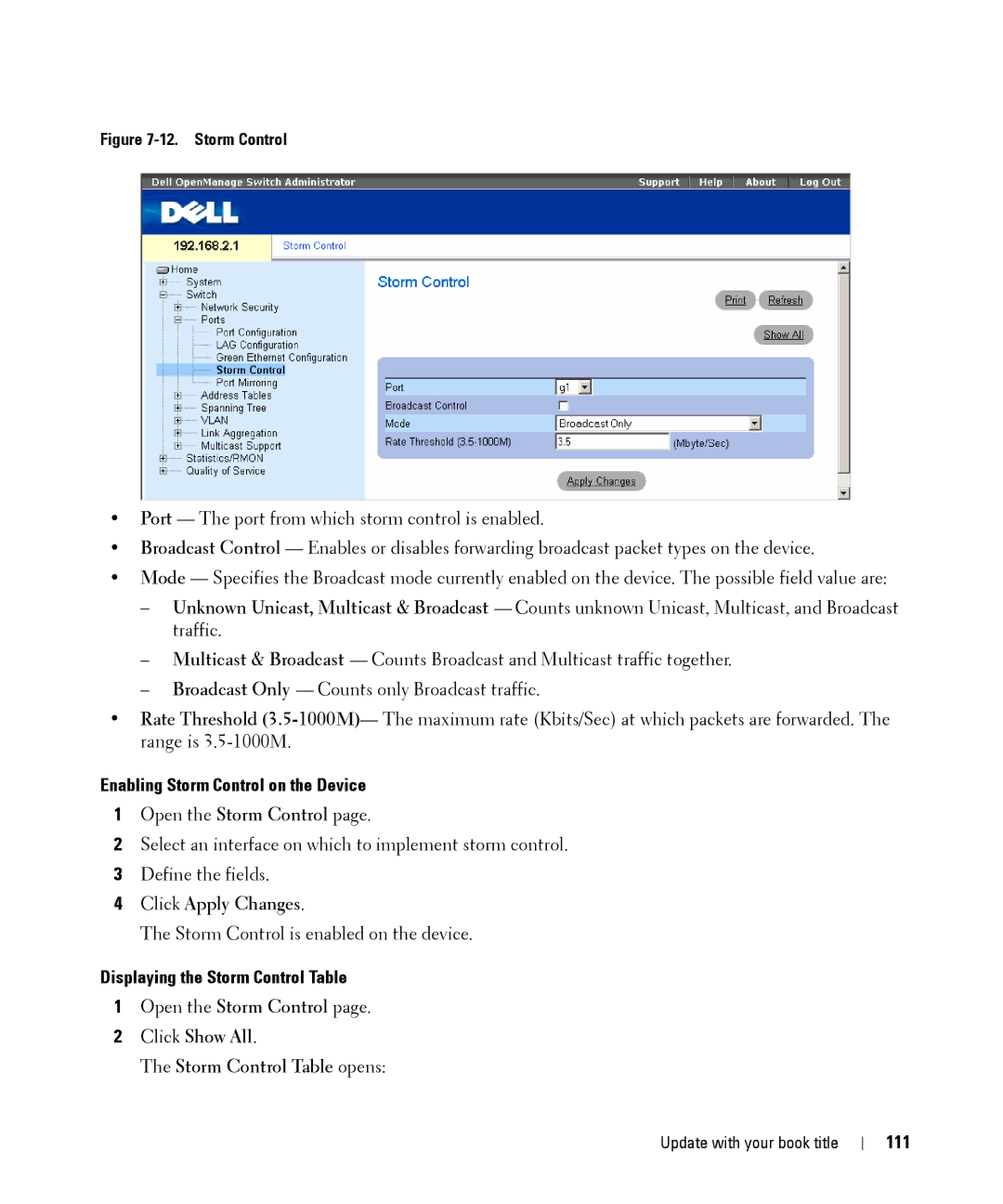 Dell 28XX manual Enabling Storm Control on the Device, Displaying the Storm Control Table, 111 