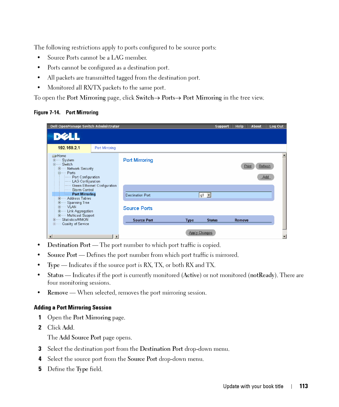 Dell 28XX manual Adding a Port Mirroring Session, Open the Port Mirroring, Add Source Port page opens, 113 