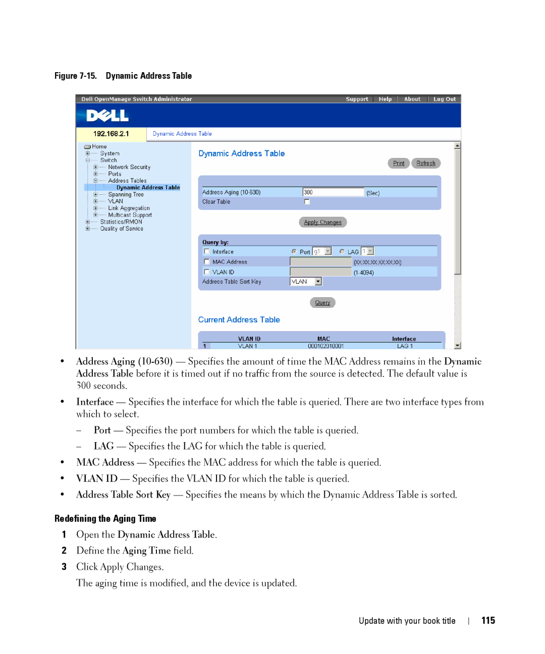 Dell 28XX manual Redefining the Aging Time, Open the Dynamic Address Table, 115 