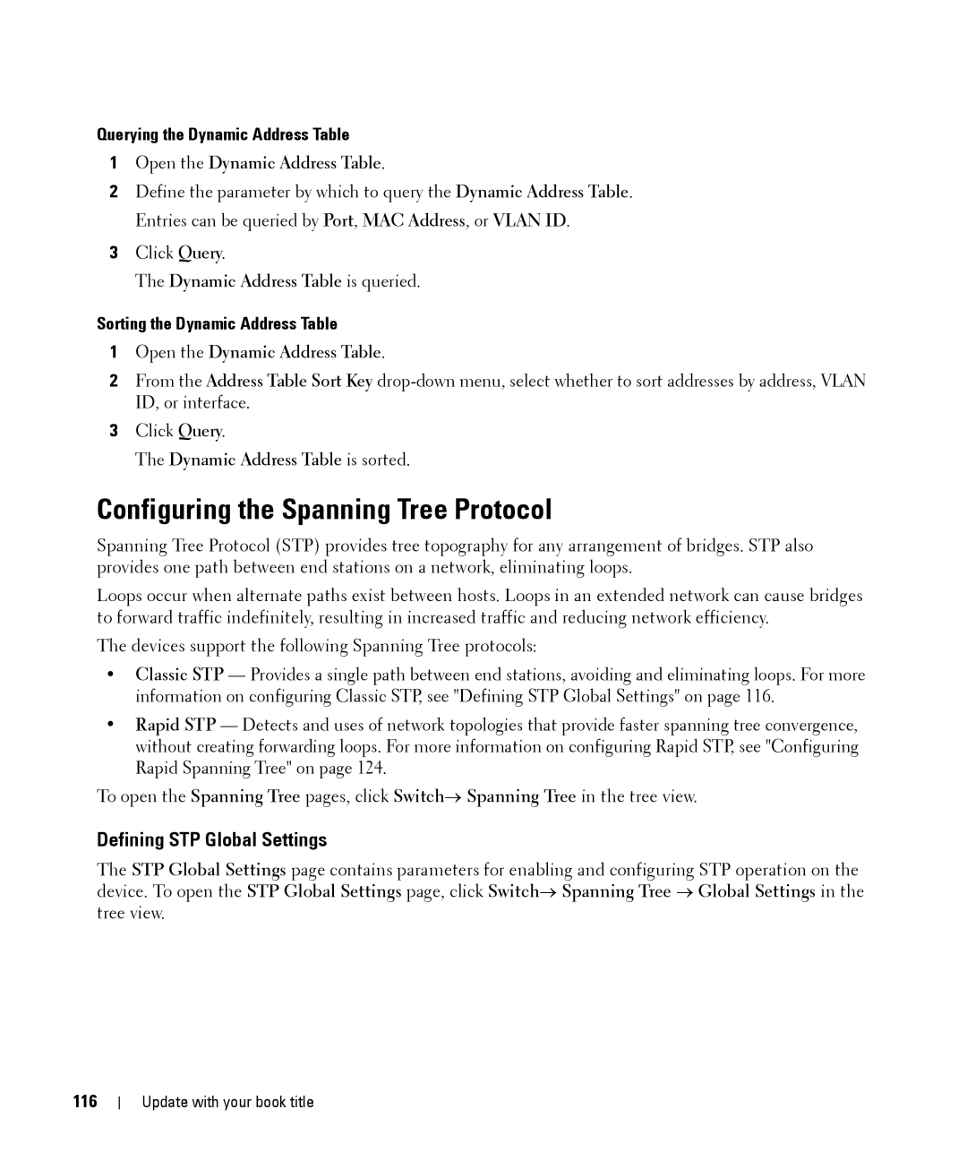 Dell 28XX Configuring the Spanning Tree Protocol, Defining STP Global Settings, Querying the Dynamic Address Table, 116 