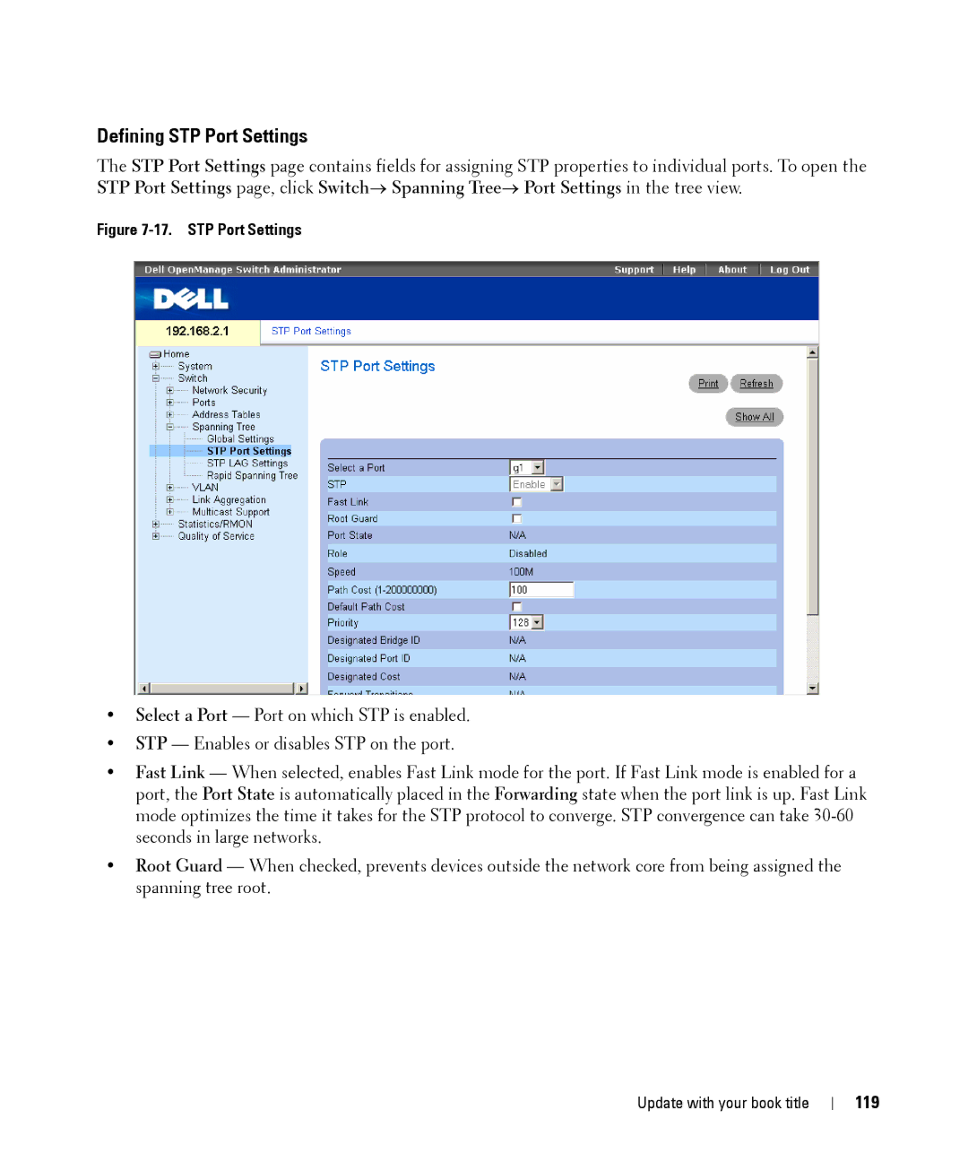 Dell 28XX manual Defining STP Port Settings, 119 