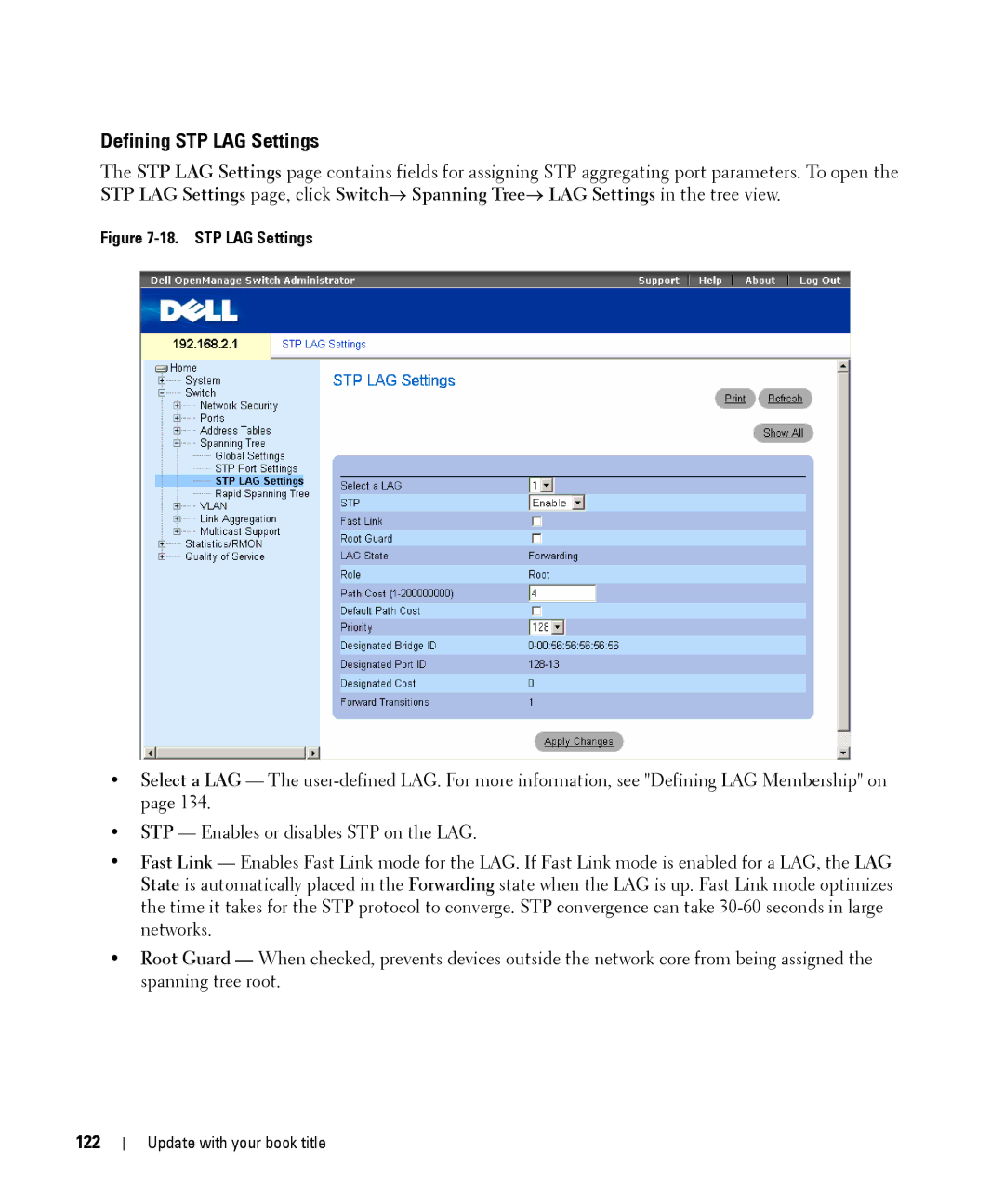 Dell 28XX manual Defining STP LAG Settings, 122 