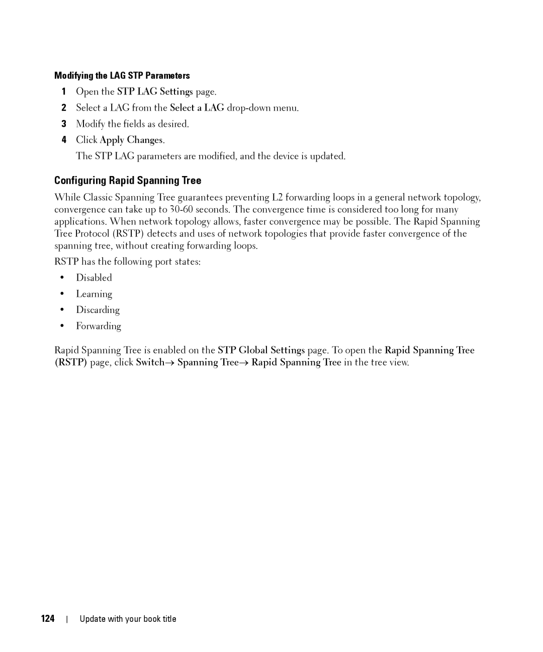 Dell 28XX manual Configuring Rapid Spanning Tree, Modifying the LAG STP Parameters, Open the STP LAG Settings, 124 