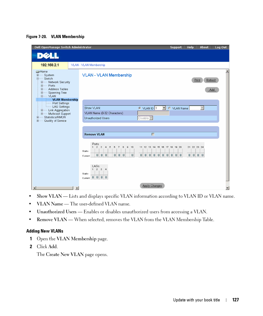 Dell 28XX manual Adding New VLANs, Open the Vlan Membership, Create New Vlan page opens, 127 