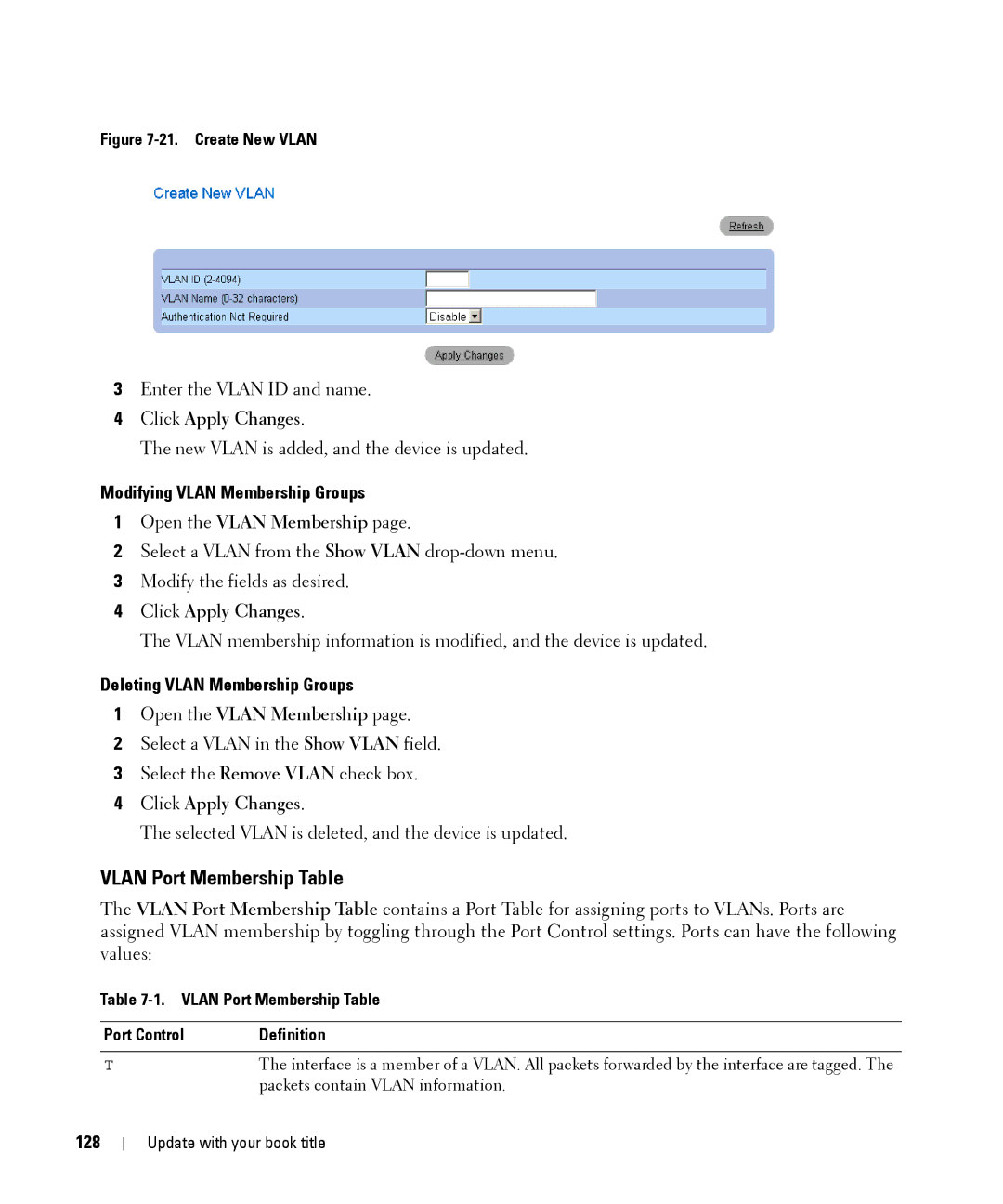 Dell 28XX manual Vlan Port Membership Table, Modifying Vlan Membership Groups, Deleting Vlan Membership Groups, 128 