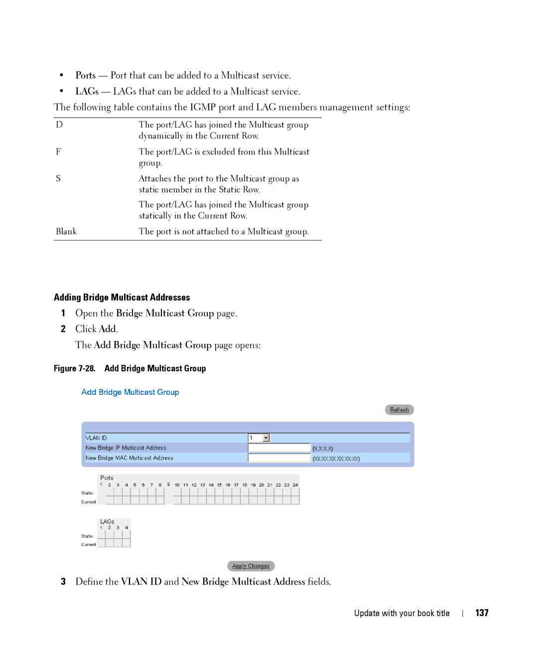 Dell 28XX Adding Bridge Multicast Addresses, Open the Bridge Multicast Group, Add Bridge Multicast Group page opens, 137 