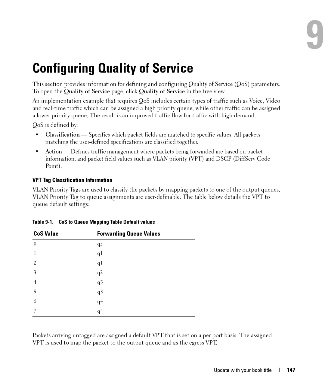 Dell 28XX manual Configuring Quality of Service, VPT Tag Classification Information, CoS Value Forwarding Queue Values, 147 