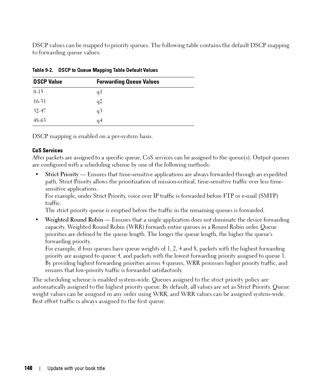 Dell 28XX manual Dscp Value Forwarding Queue Values, CoS Services, 148, Dscp to Queue Mapping Table Default Values 