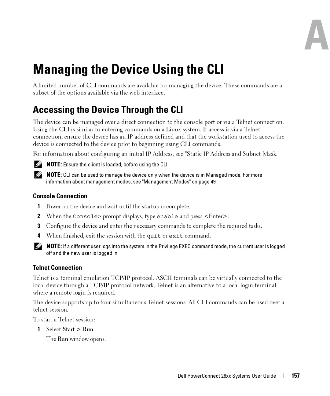 Dell 28XX Managing the Device Using the CLI, Accessing the Device Through the CLI, Console Connection, Telnet Connection 