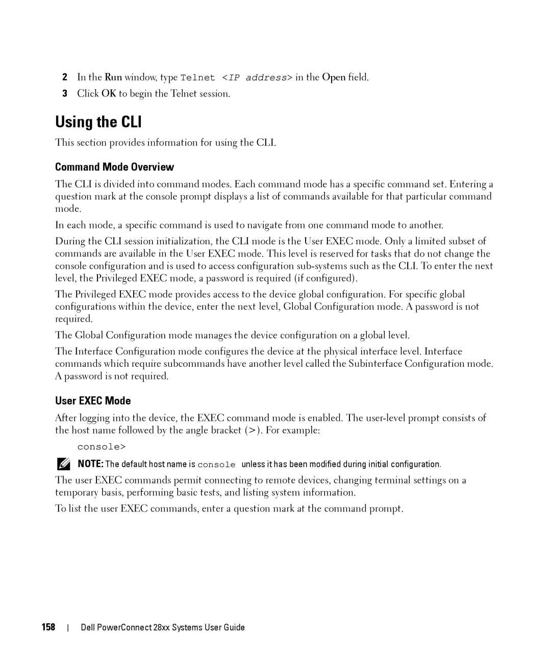 Dell 28XX manual Using the CLI, Command Mode Overview, User Exec Mode, 158 