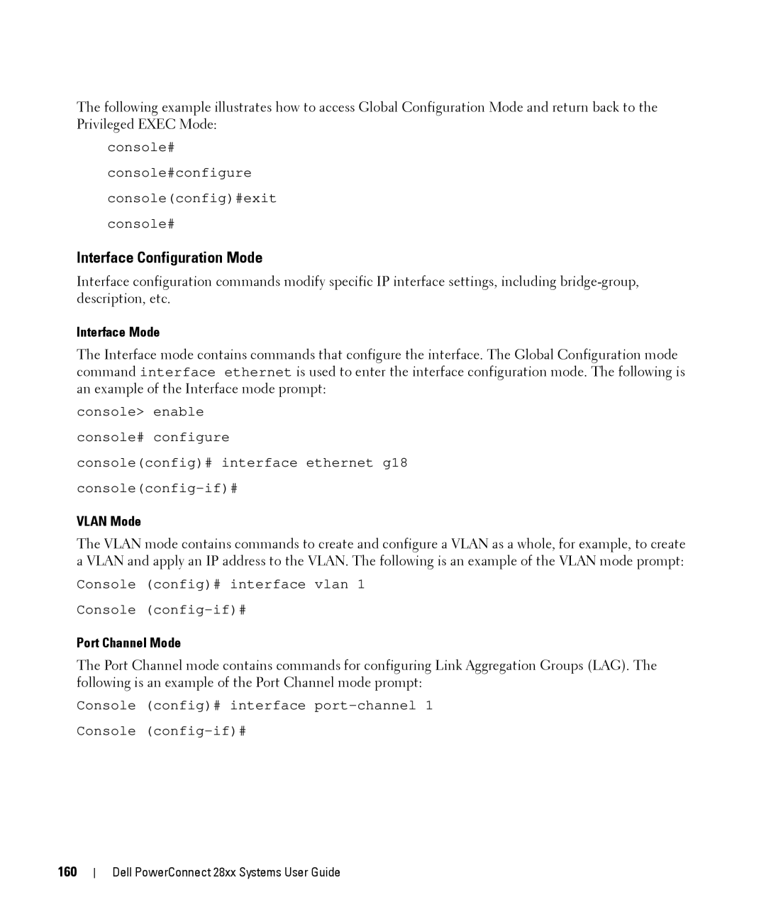 Dell 28XX manual Interface Configuration Mode, Interface Mode, Vlan Mode, Port Channel Mode, 160 