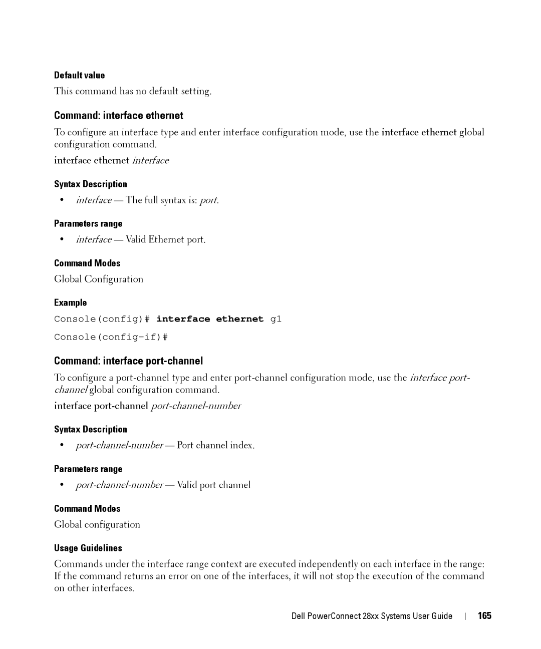 Dell 28XX manual Command interface ethernet, Command interface port-channel, Interface ethernet interface, 165 