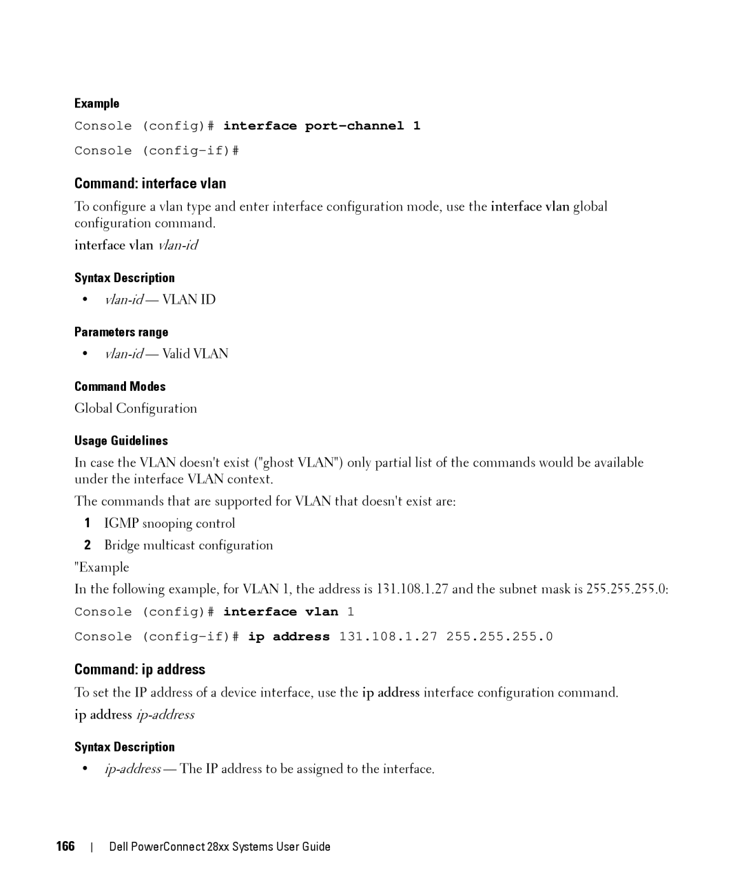 Dell 28XX manual Command interface vlan, Command ip address, Interface vlan vlan-id, Ip address ip-address, 166 