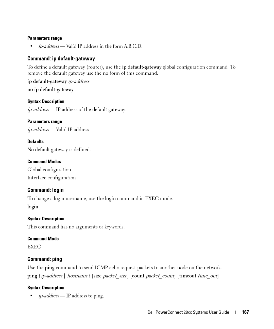 Dell 28XX manual Command ip default-gateway, Command login, Command ping, Defaults, 167 