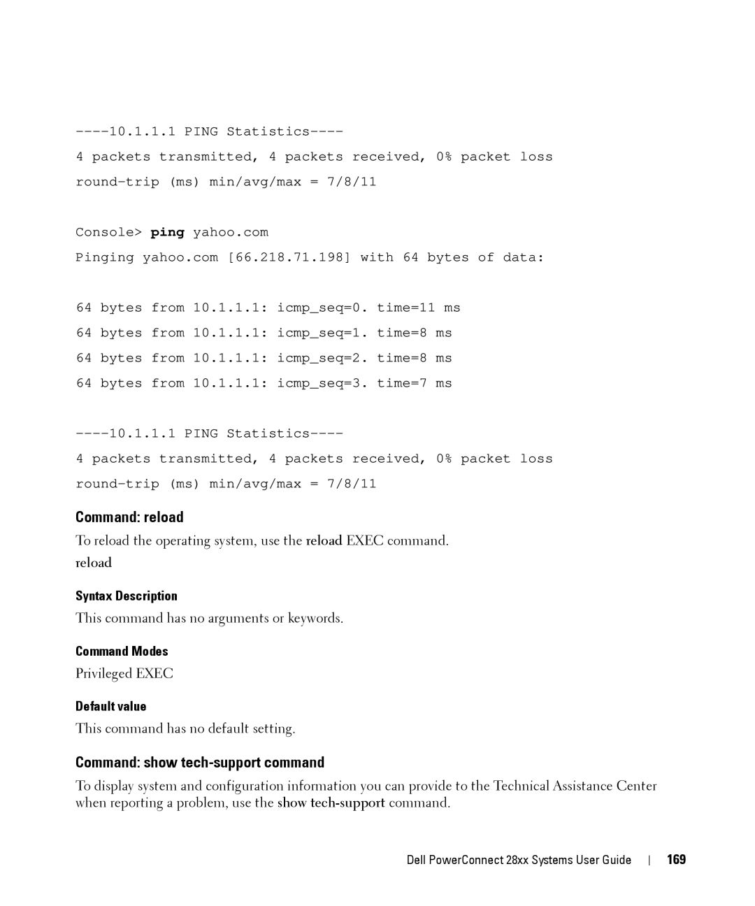 Dell 28XX manual Command reload, Command show tech-support command, Reload, 169 