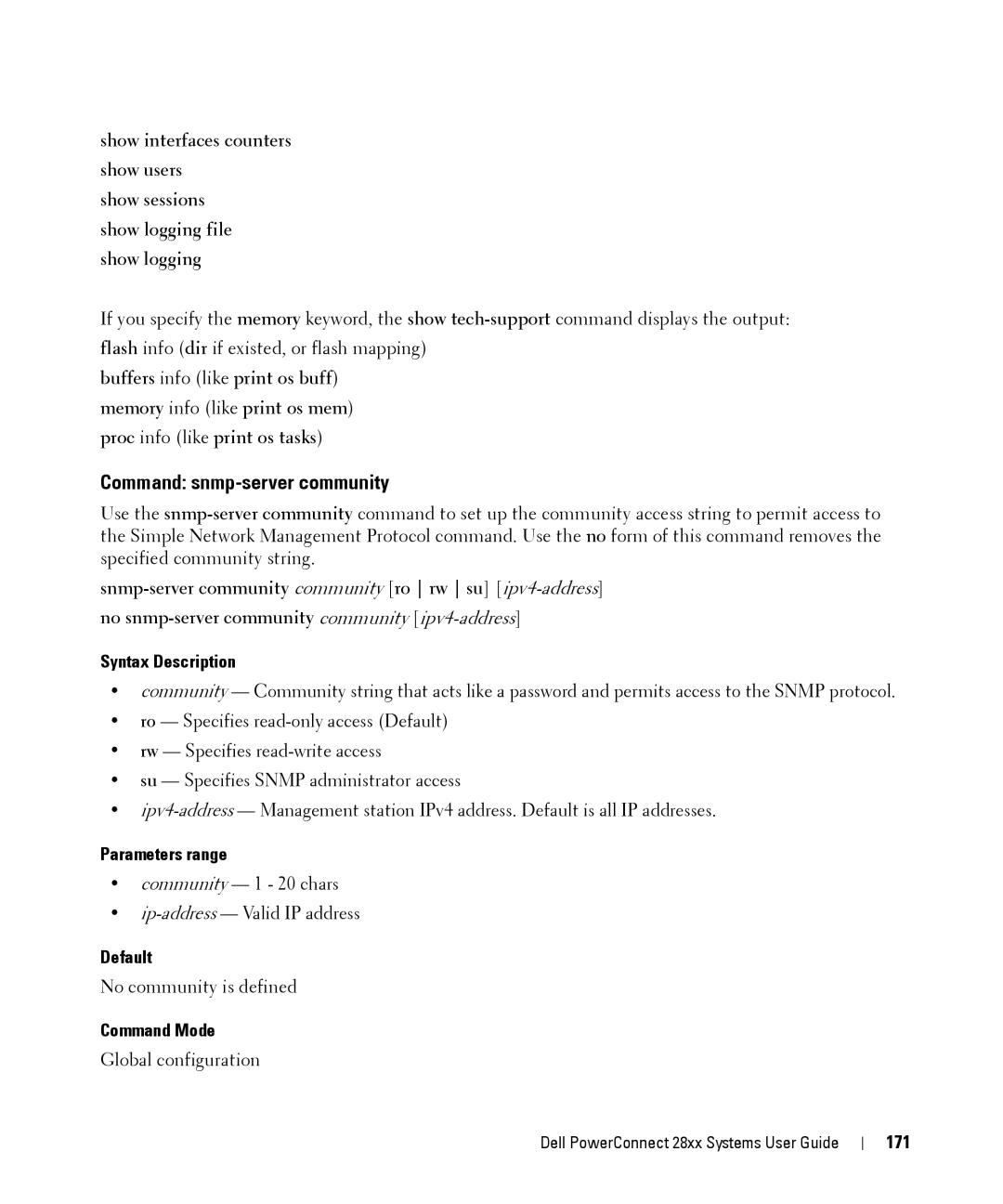 Dell 28XX manual Command snmp-server community, Default, 171 