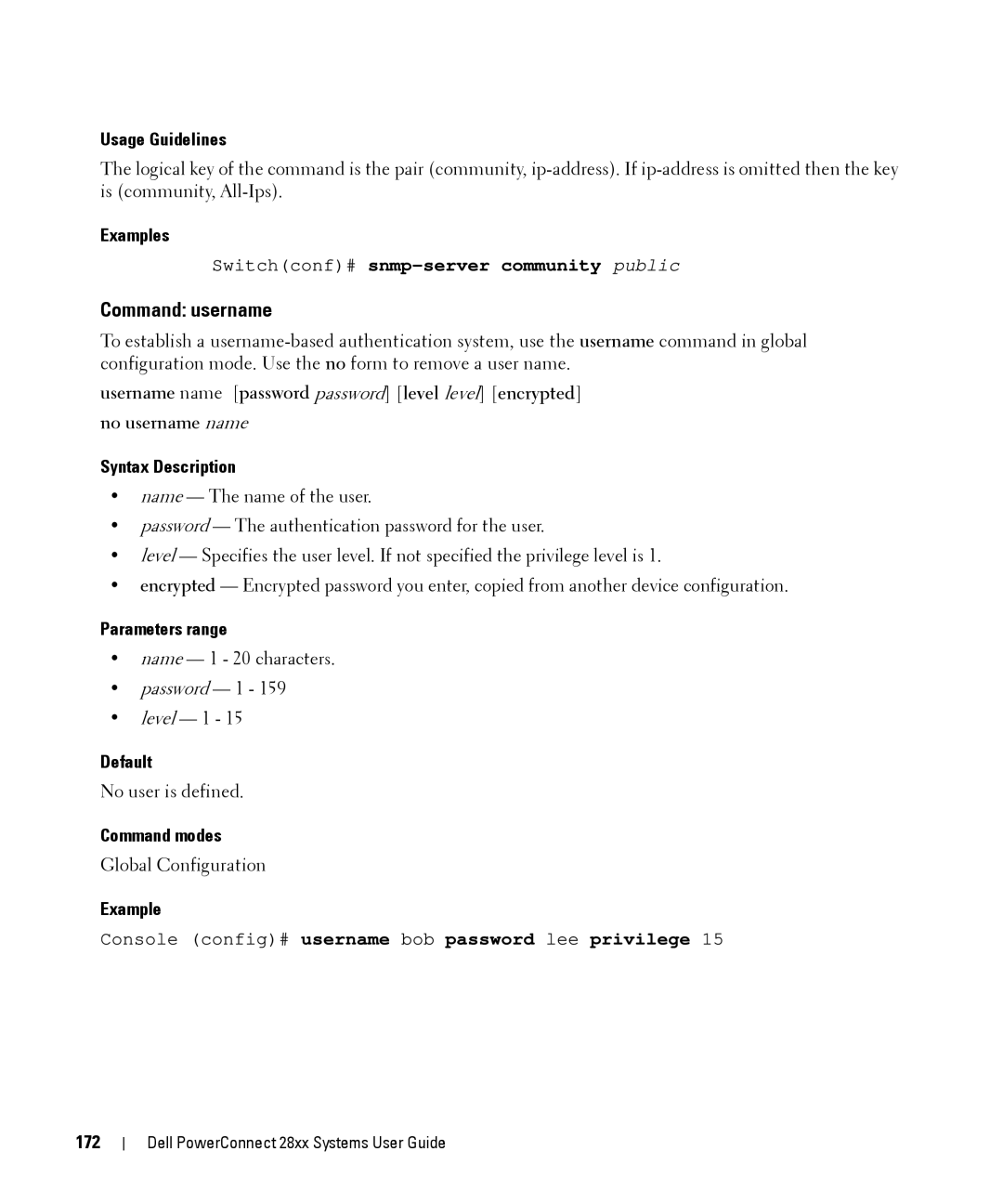 Dell 28XX manual Command username, 172 