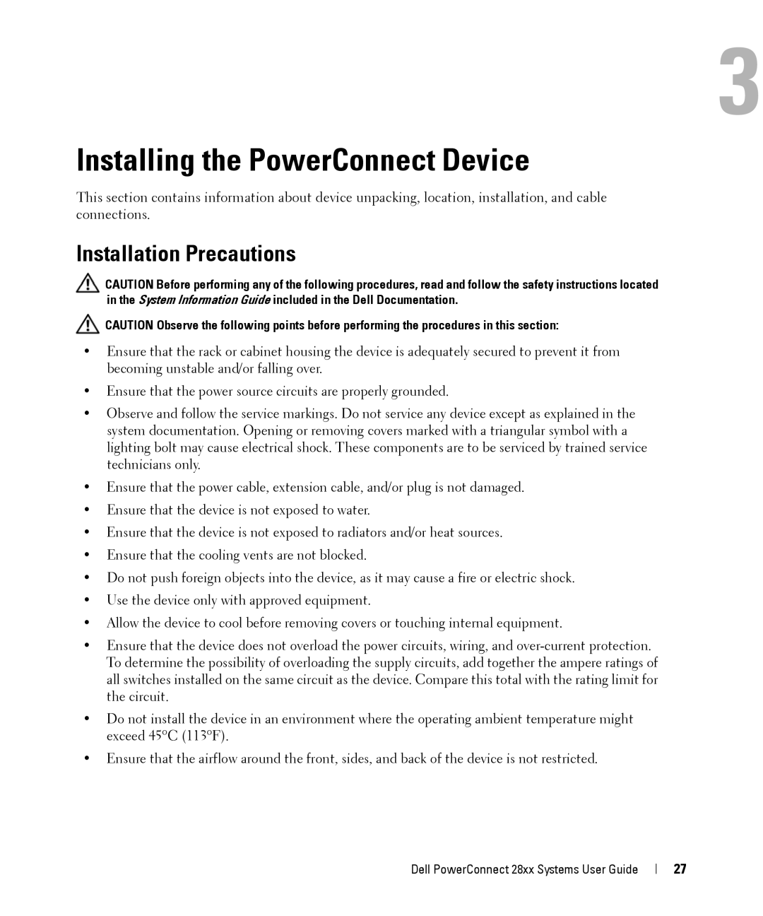 Dell 28XX manual Installing the PowerConnect Device, Installation Precautions 