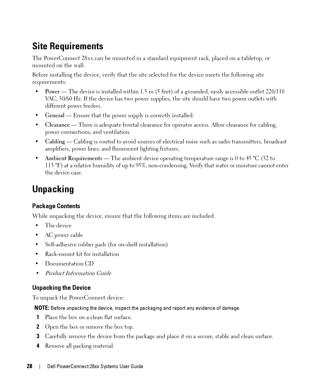 Dell 28XX manual Site Requirements, Package Contents, Unpacking the Device 