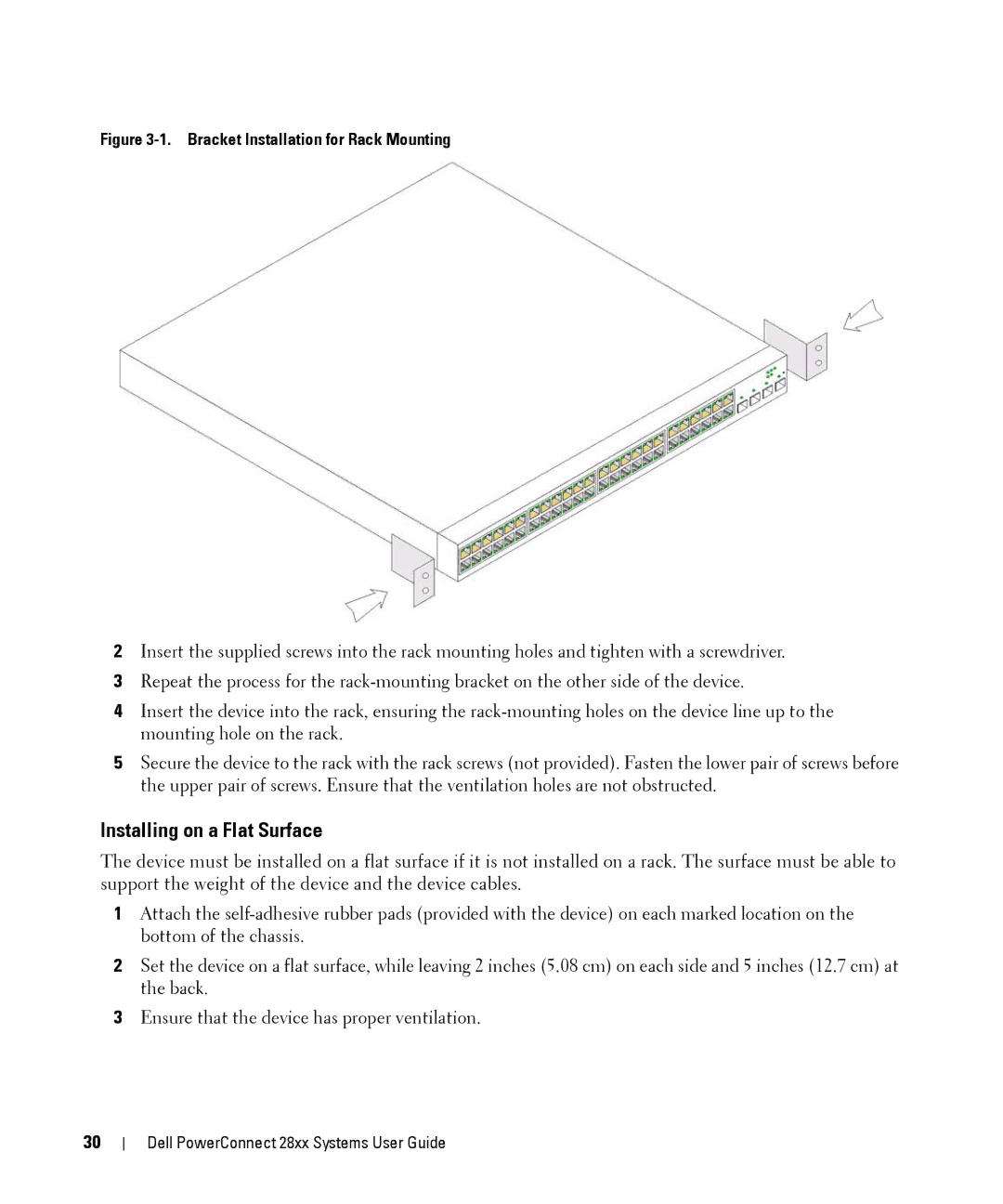 Dell 28XX manual Installing on a Flat Surface, Bracket Installation for Rack Mounting 