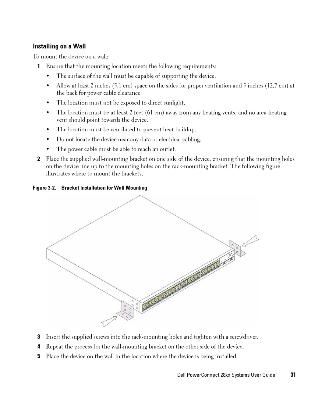 Dell 28XX manual Installing on a Wall, Bracket Installation for Wall Mounting 