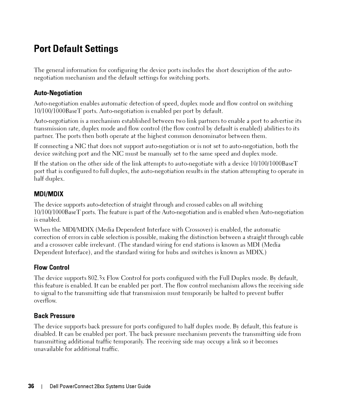 Dell 28XX manual Port Default Settings, Auto-Negotiation, Flow Control, Back Pressure 