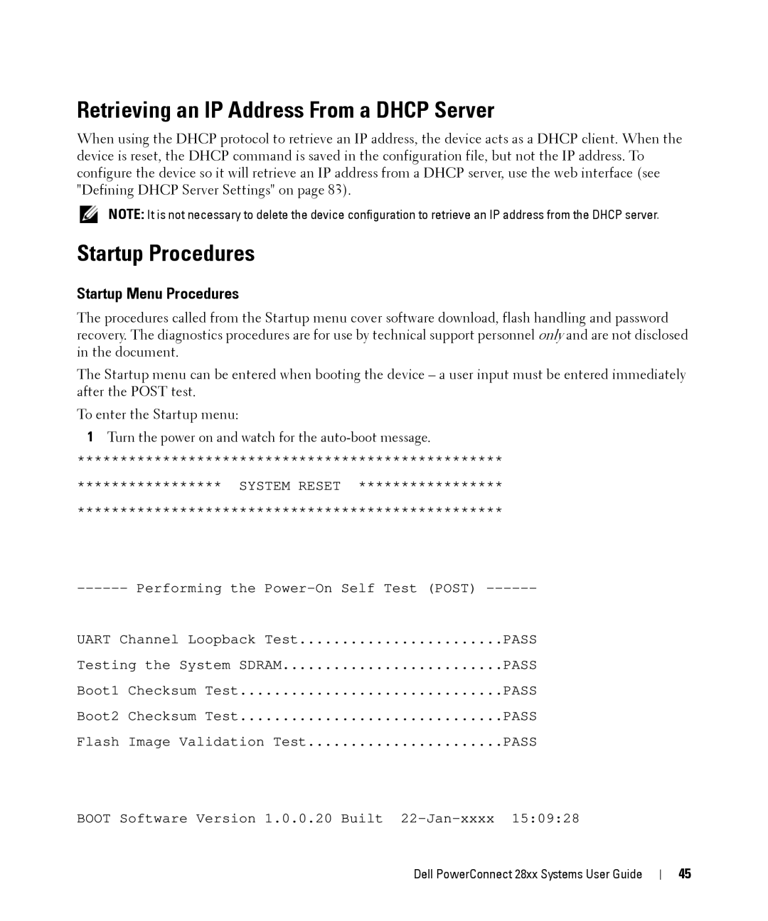 Dell 28XX manual Retrieving an IP Address From a Dhcp Server, Startup Procedures, Startup Menu Procedures 