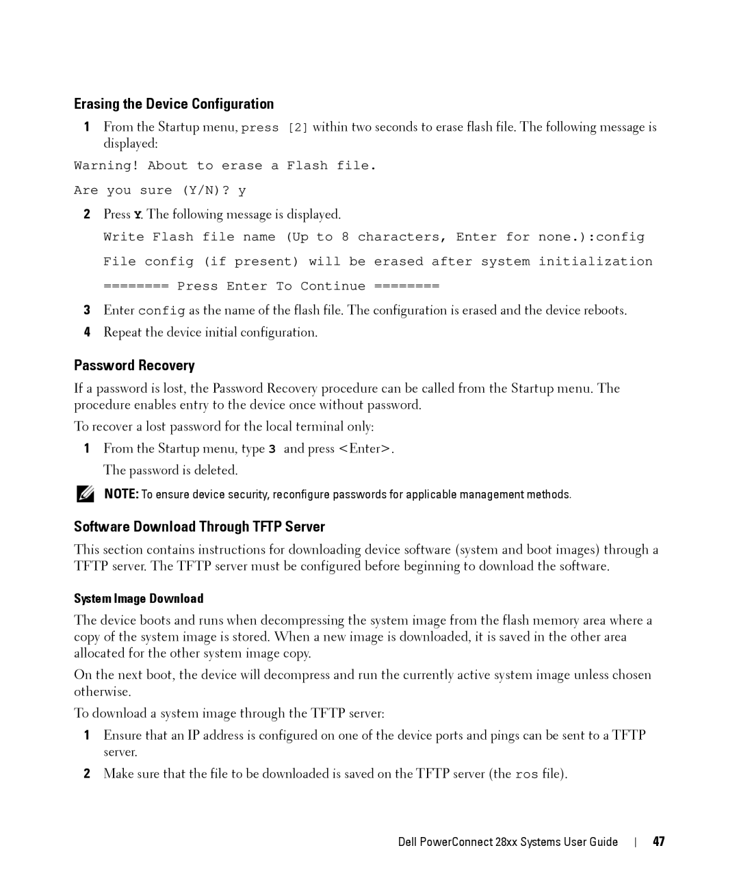 Dell 28XX manual Erasing the Device Configuration, Password Recovery, Software Download Through Tftp Server 