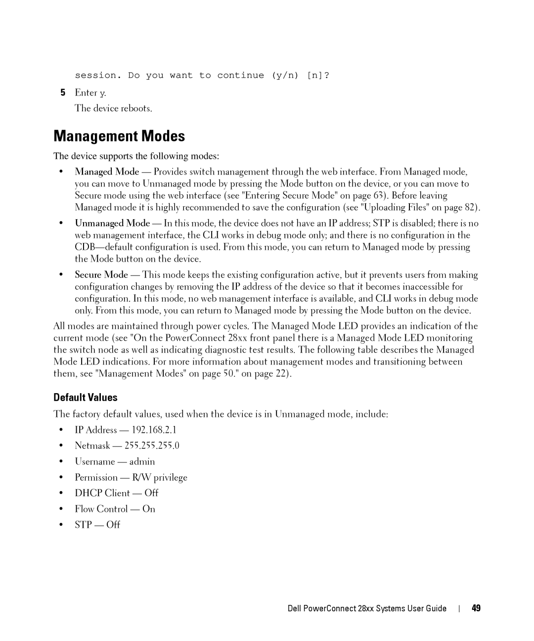 Dell 28XX manual Management Modes, Default Values 