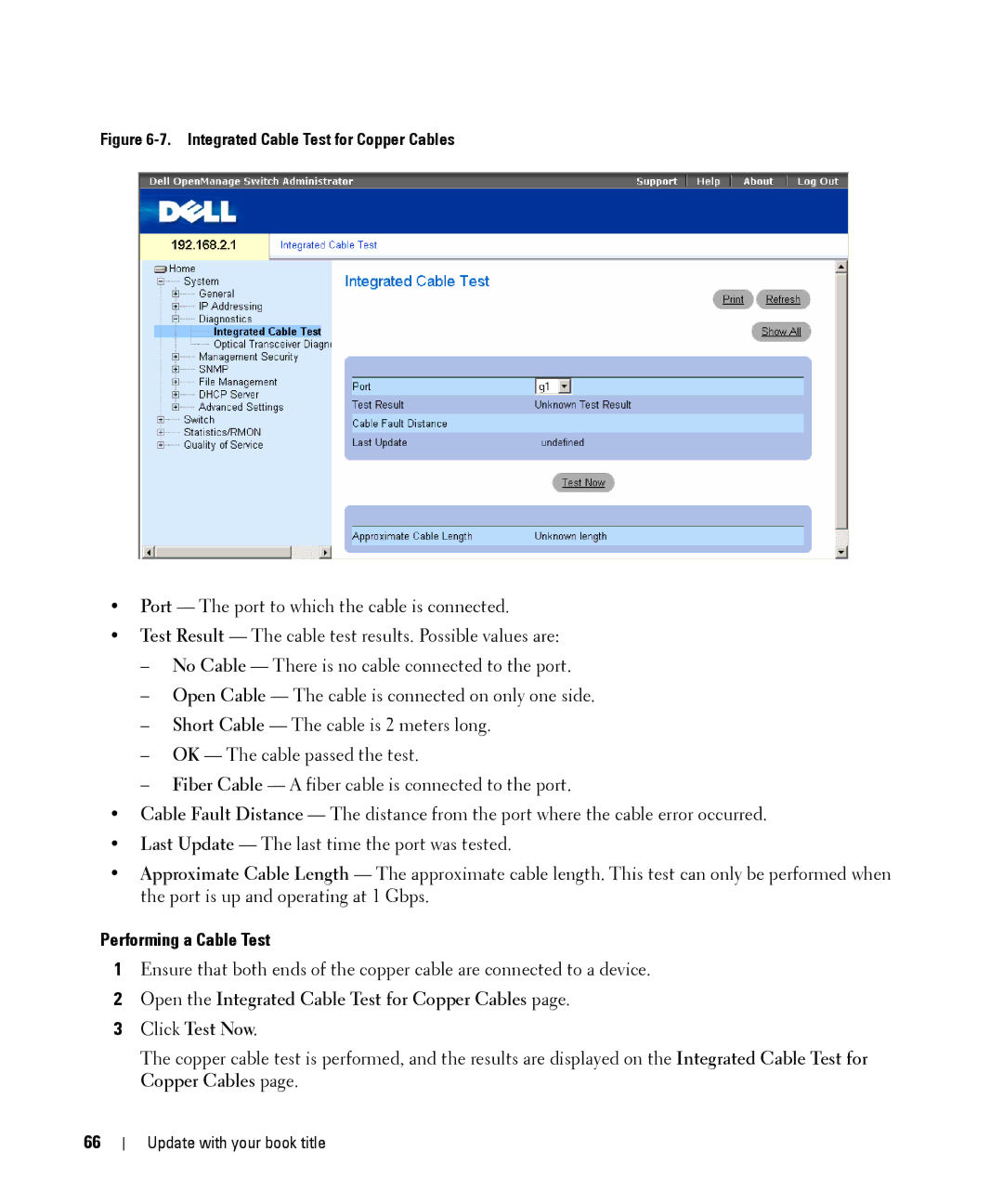 Dell 28XX manual Performing a Cable Test, Integrated Cable Test for Copper Cables 