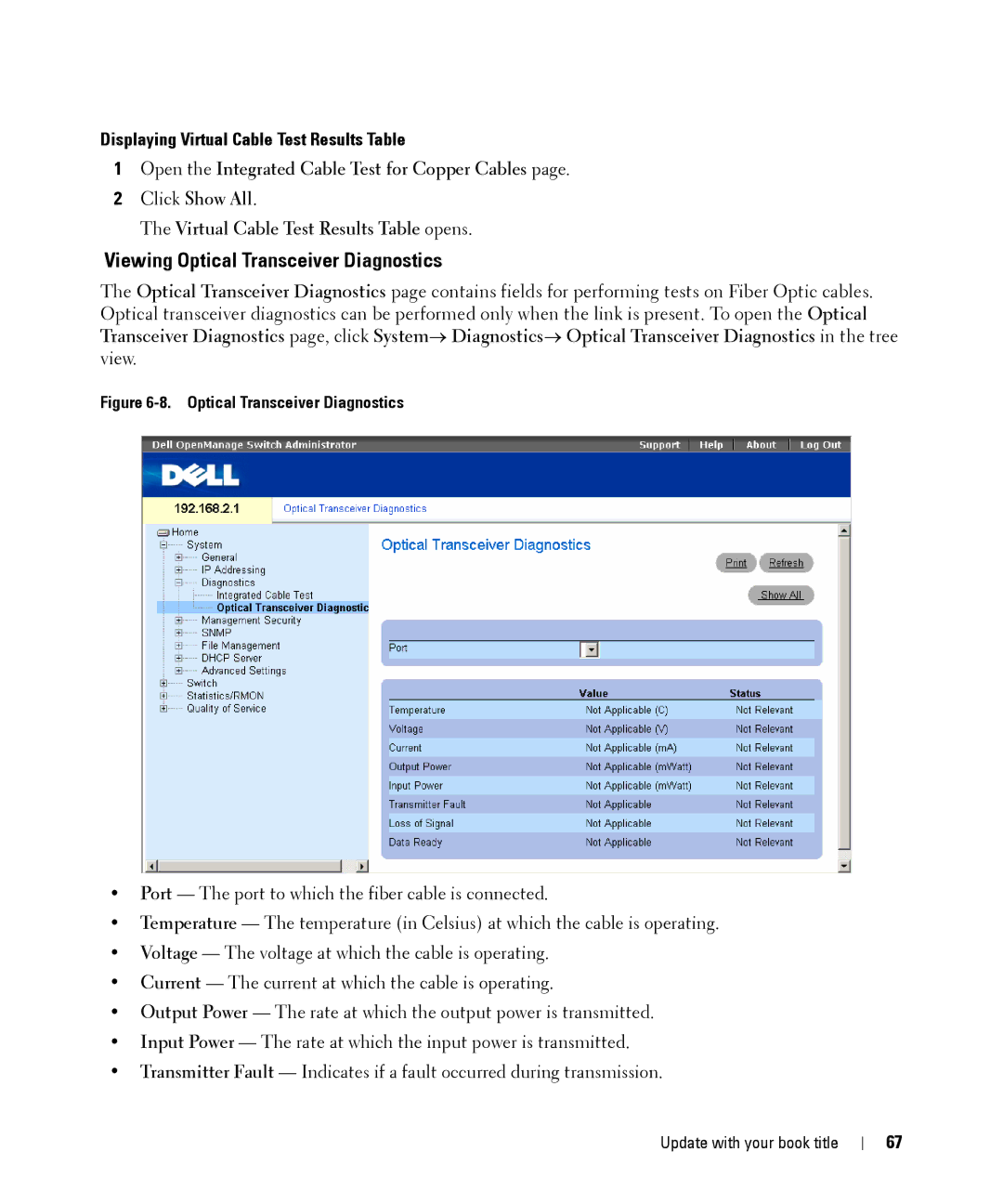 Dell 28XX manual Viewing Optical Transceiver Diagnostics, Displaying Virtual Cable Test Results Table 