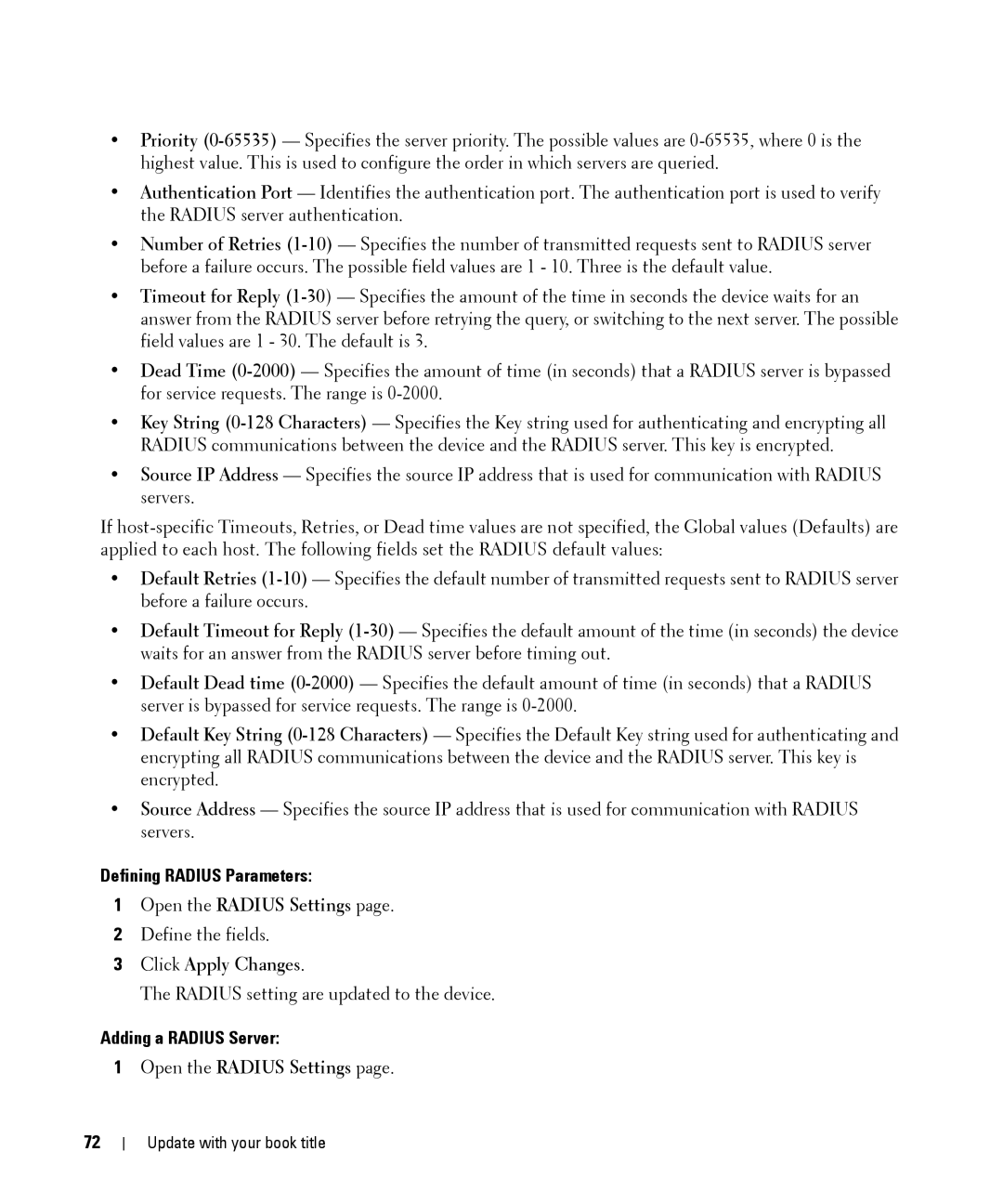 Dell 28XX manual Defining Radius Parameters, Open the Radius Settings, Adding a Radius Server 