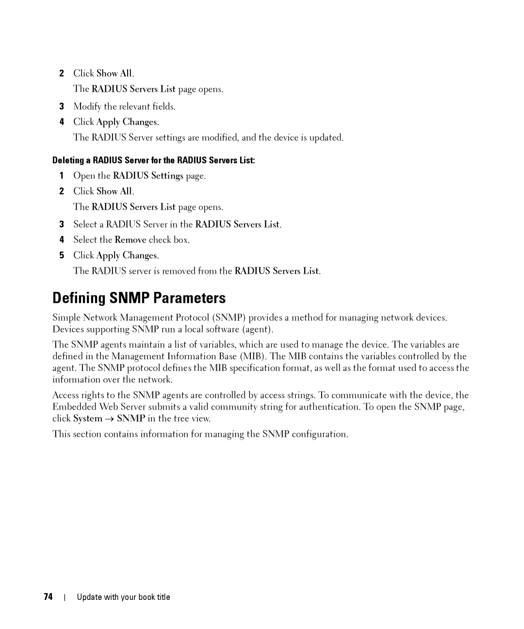 Dell 28XX manual Defining Snmp Parameters, Click Show All Radius Servers List page opens 