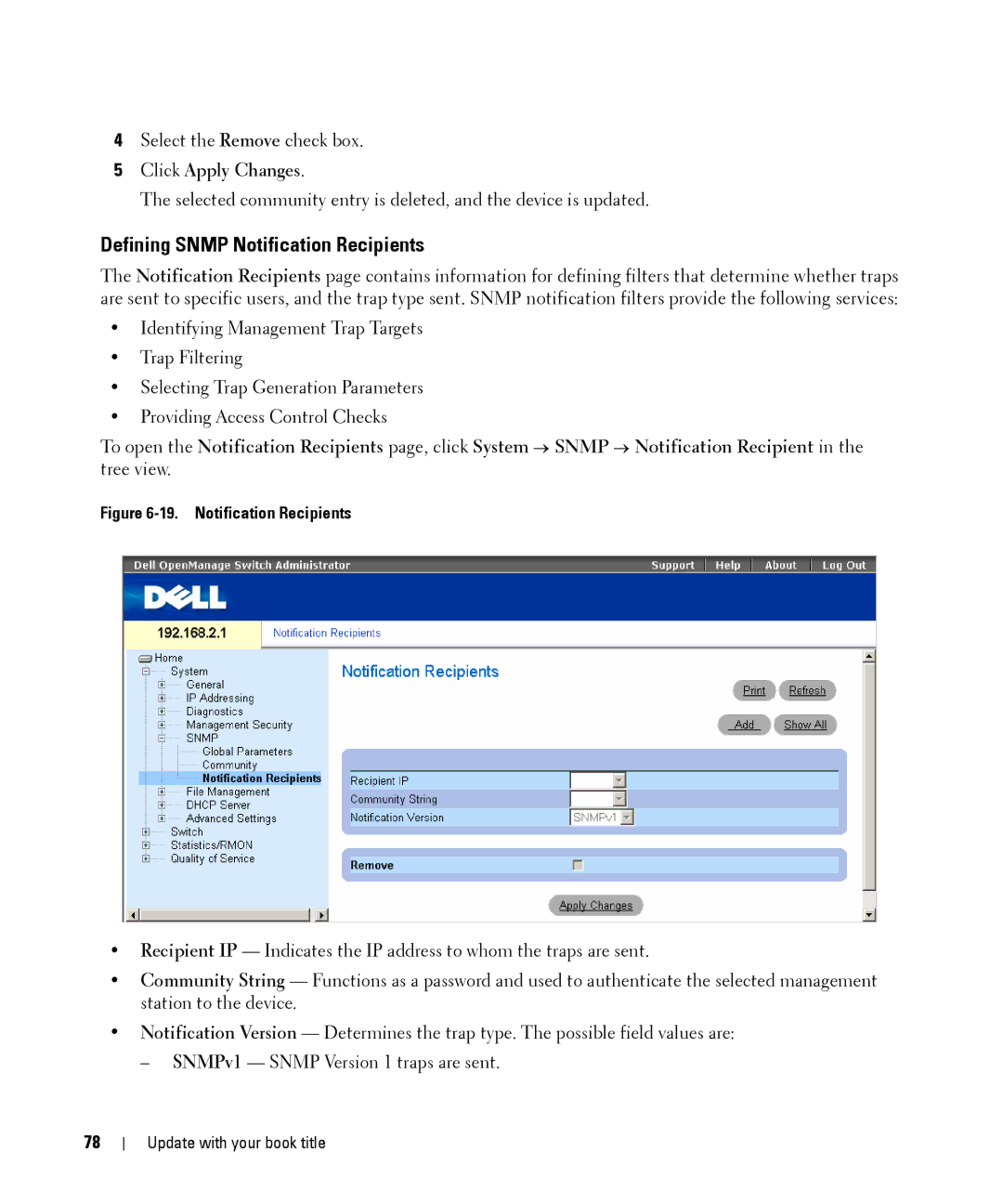 Dell 28XX manual Defining Snmp Notification Recipients 