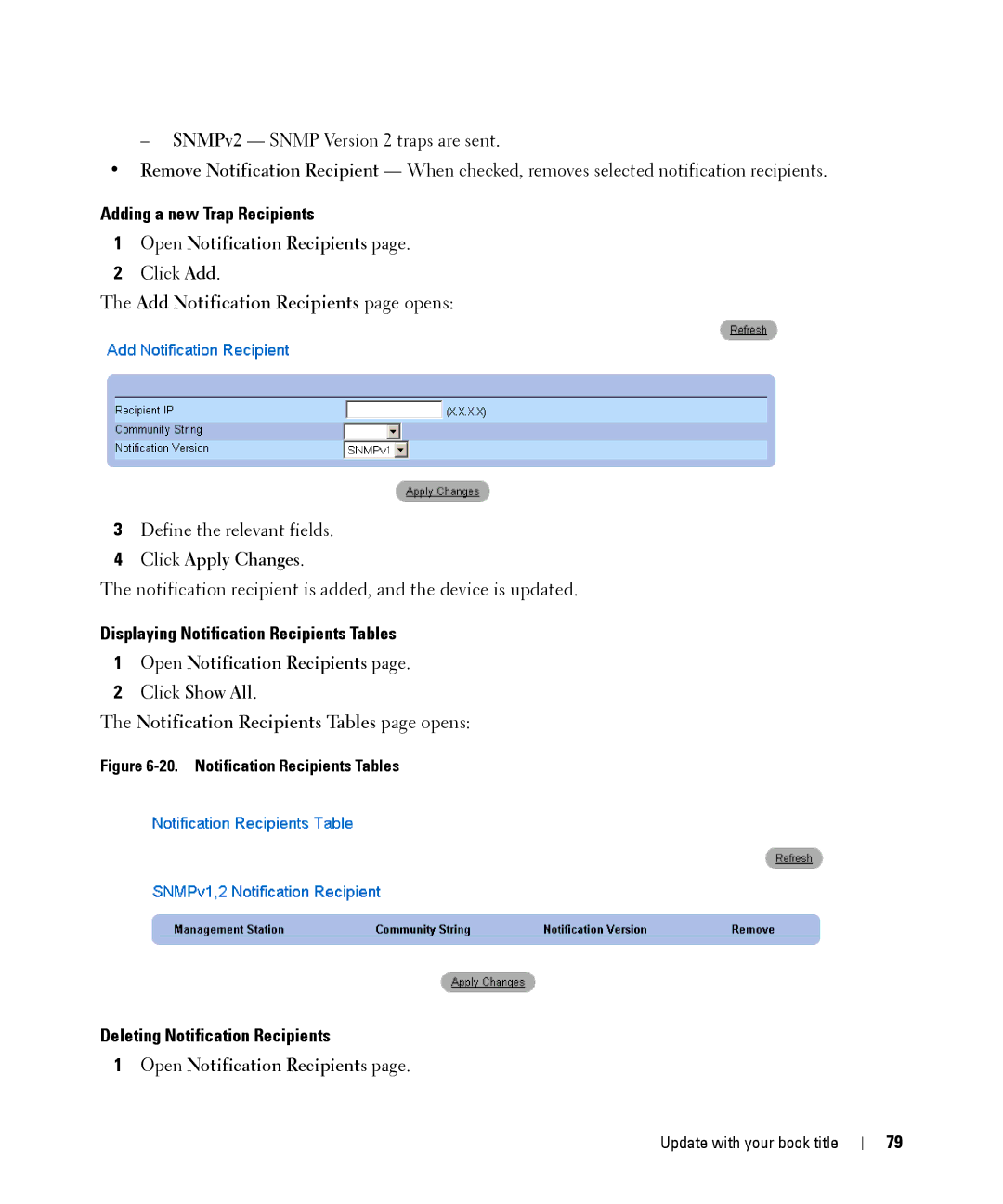 Dell 28XX manual Adding a new Trap Recipients, Open Notification Recipients, Add Notification Recipients page opens 