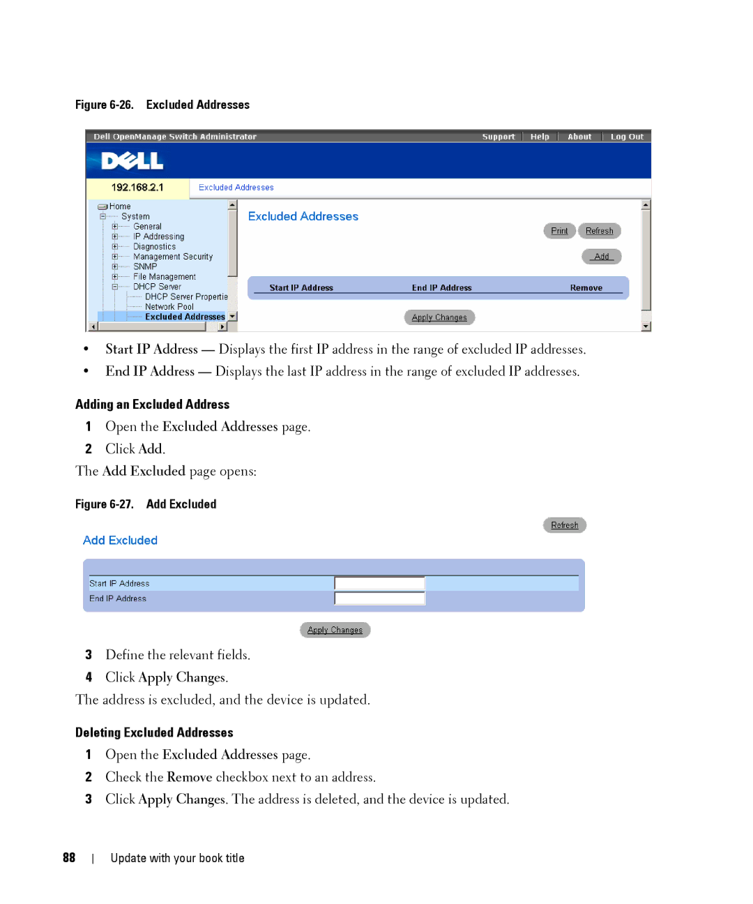 Dell 28XX manual Adding an Excluded Address, Open the Excluded Addresses, Deleting Excluded Addresses 