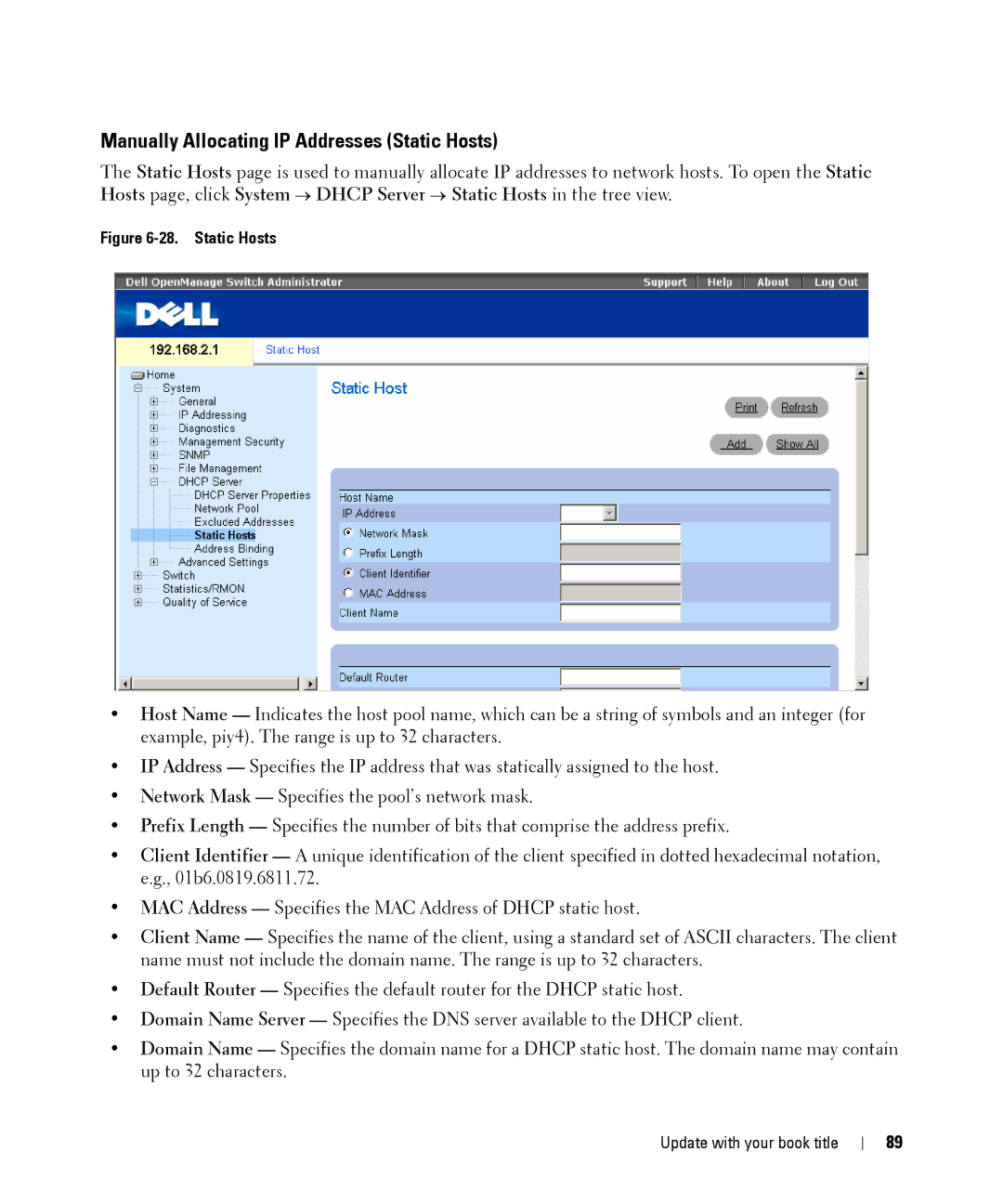 Dell 28XX manual Manually Allocating IP Addresses Static Hosts 