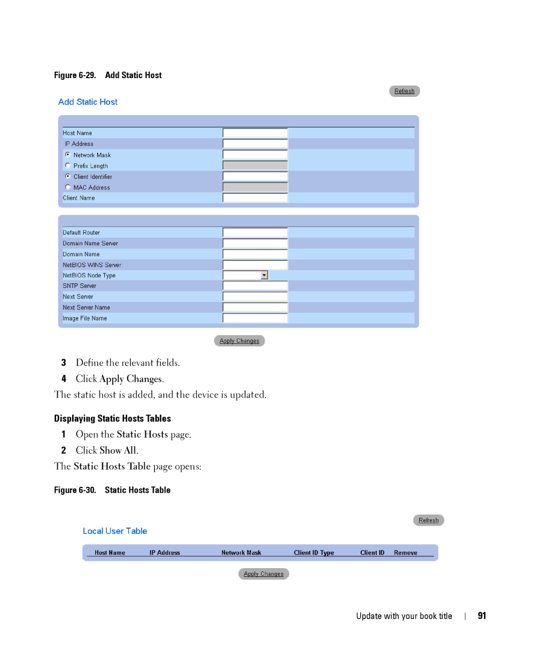 Dell 28XX manual Displaying Static Hosts Tables, Click Show All Static Hosts Table page opens 